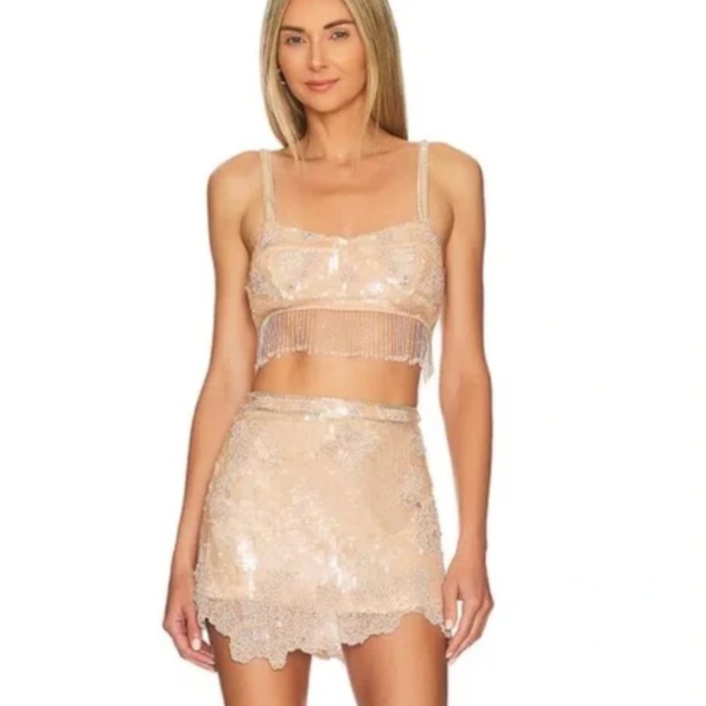 LoveShackFancy MAEVA Beaded Fringe Crop Top Size 6 Peach Medley
